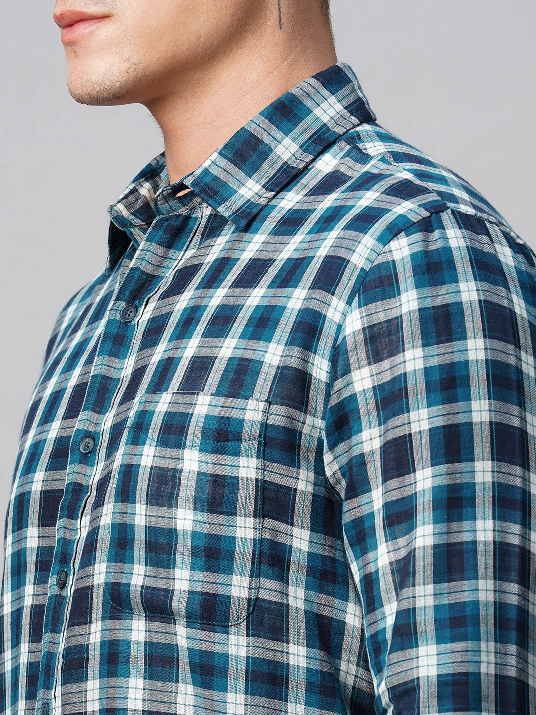 Men's Teal Cotton Regular Fit Checked Shirt