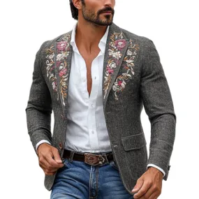 Men's Vintage Classic Slim Fit Rose Embroidered Linen Blazer 58896966K