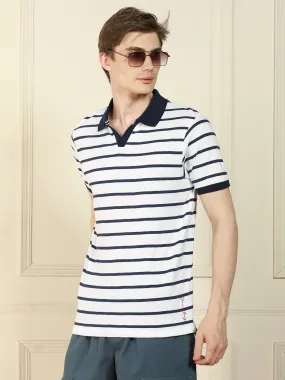 Men's White Polo Collar Striped Cotton T-Shirt