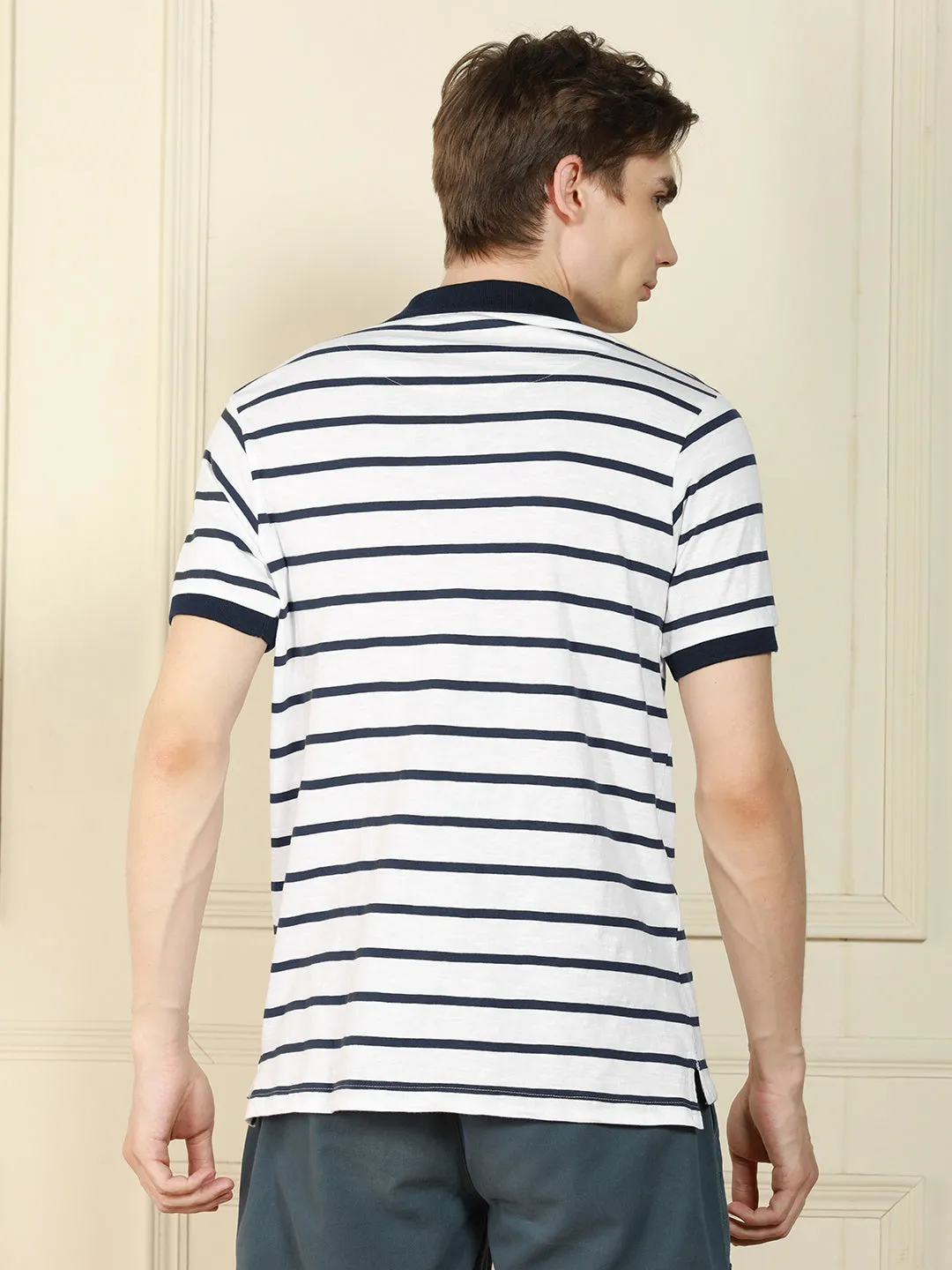 Men's White Polo Collar Striped Cotton T-Shirt