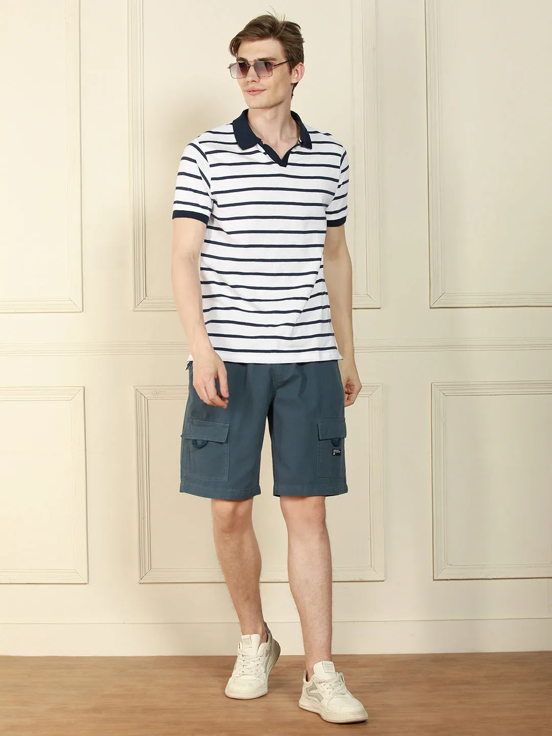 Men's White Polo Collar Striped Cotton T-Shirt