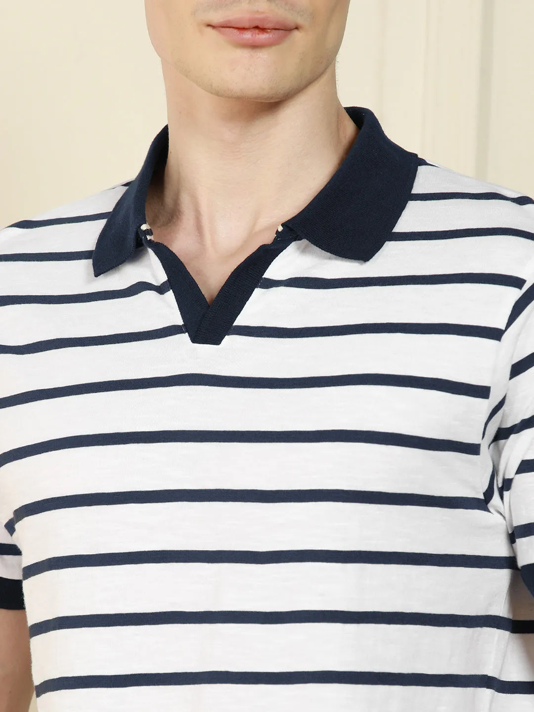 Men's White Polo Collar Striped Cotton T-Shirt