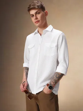 Men's White Solid Textured Spread Collar Full Sleeves Casual Shirt