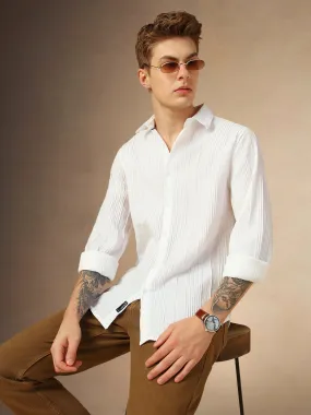 Men's White Textured Spread Collar Full Sleeves Shirt