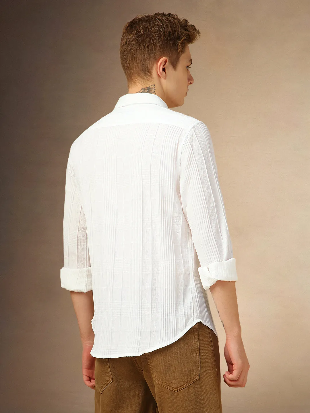 Men's White Textured Spread Collar Full Sleeves Shirt