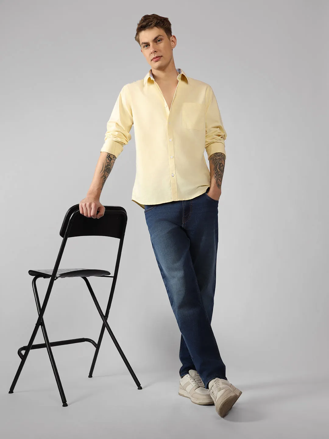 Men's Yellow Solid Spread Collar Full Sleeve Regular Fit Shirt