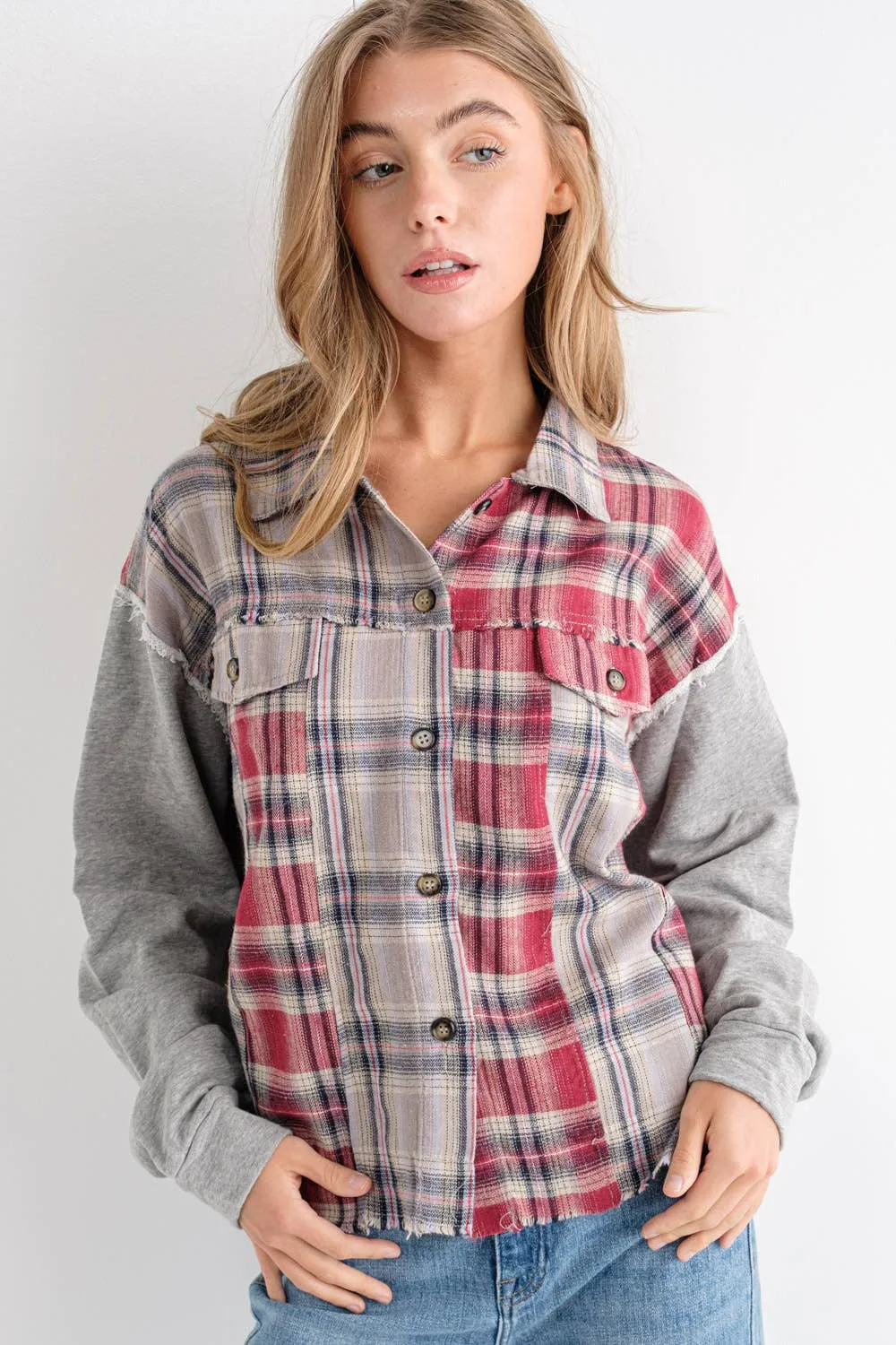 Mix Plaid Front Pocket French Terry Shirt Jacket