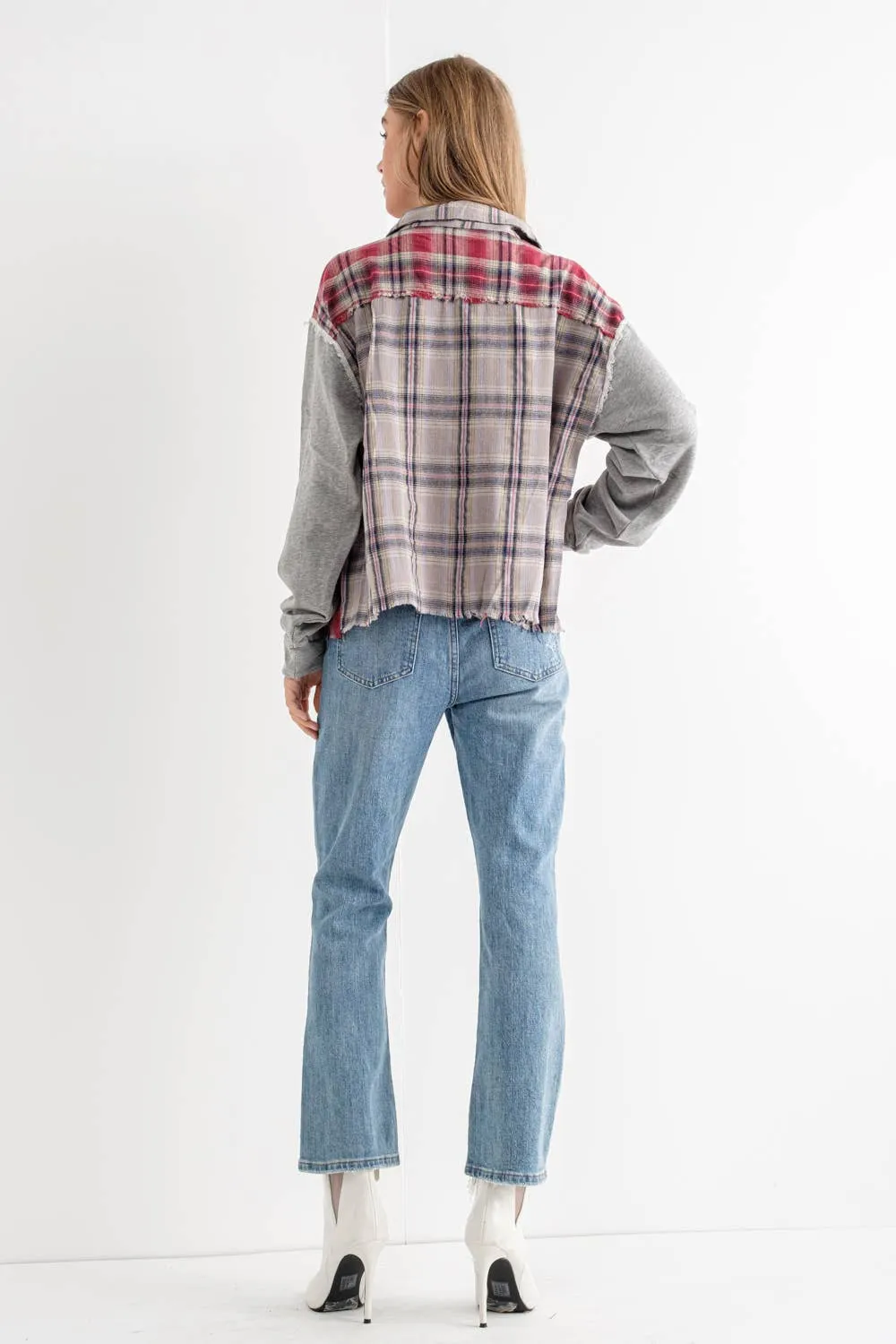 Mix Plaid Front Pocket French Terry Shirt Jacket