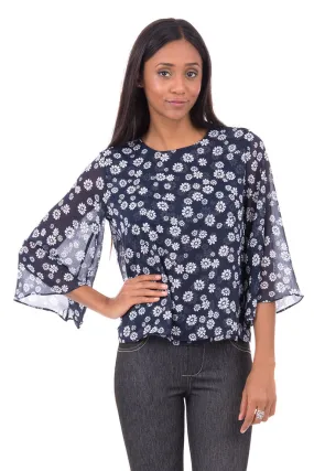 Navy Blouse With Flower Design AVAILABLE IN PLUS SIZES