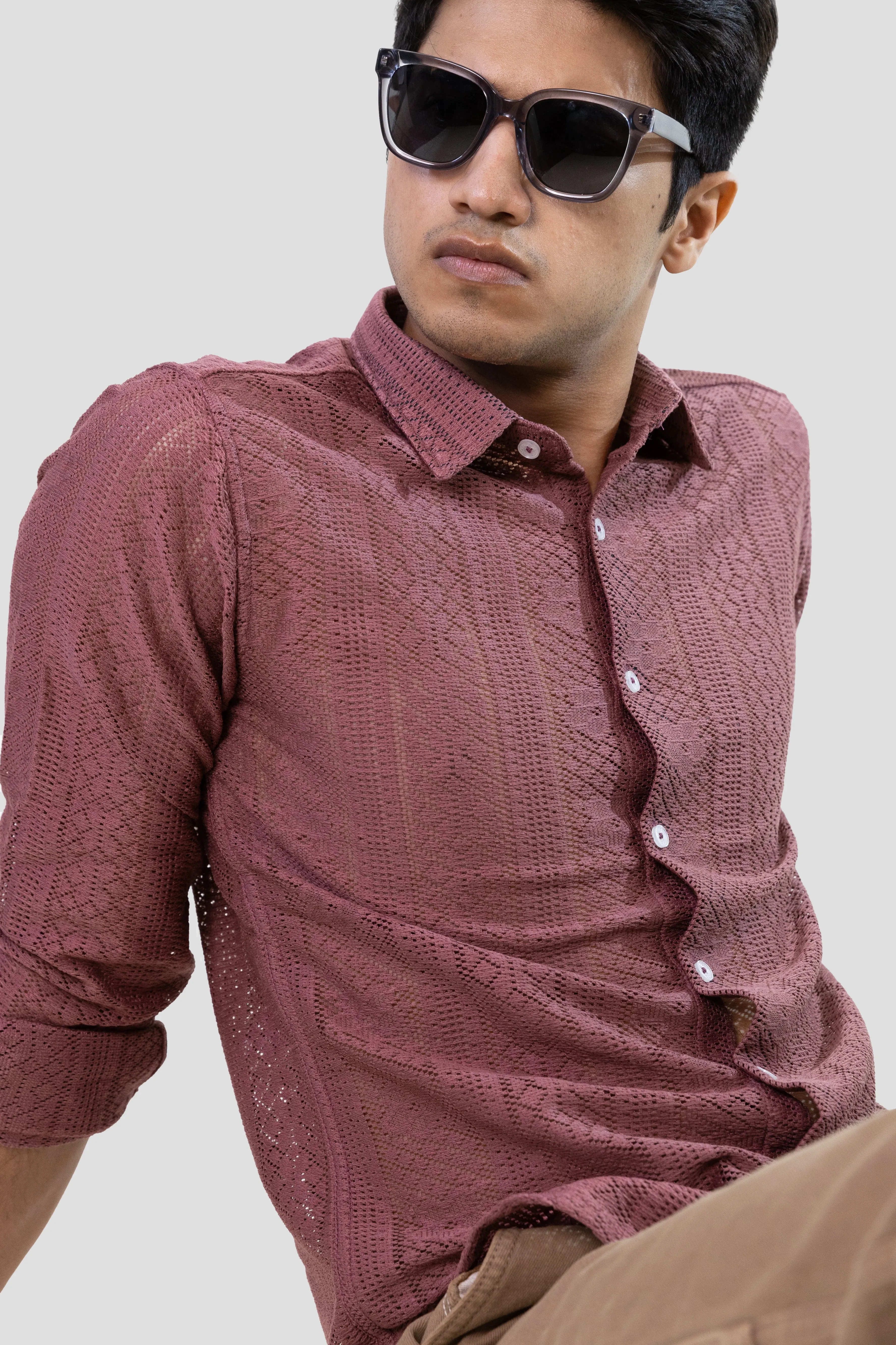 Net Weave Knitted Shirt - Rose Gold