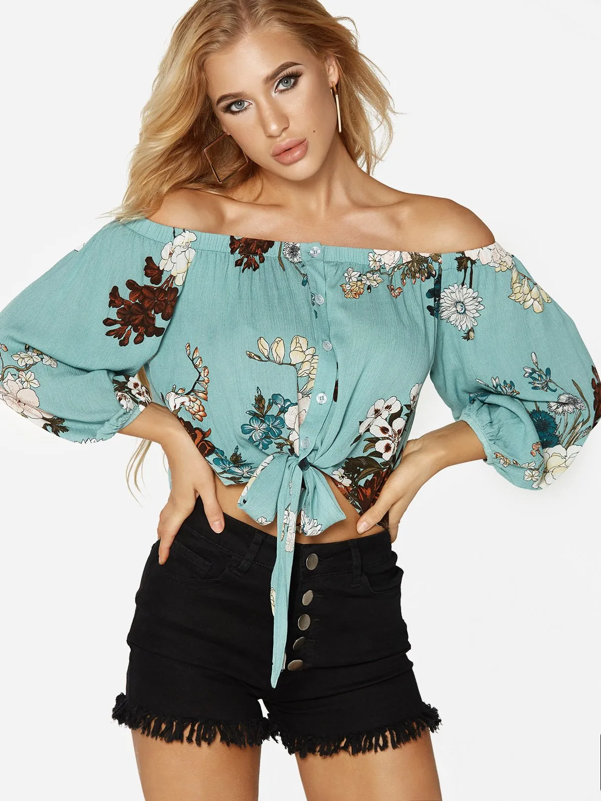 OEM ODM Off The Shoulder Floral Print Lace-Up Long Sleeve Blue Blouses