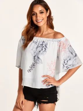 OEM ODM Off The Shoulder Floral Print Short Sleeve Curved Hem Blouses