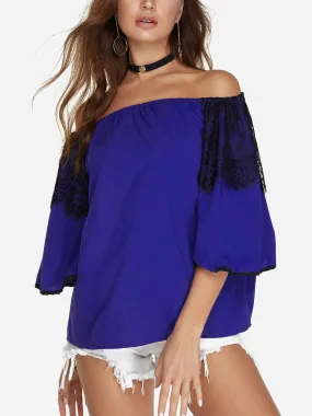 OEM ODM Off The Shoulder Lace Half Sleeve Blue Blouses