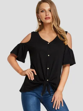 OEM ODM V-Neck Cut Out Short Sleeve Black Top