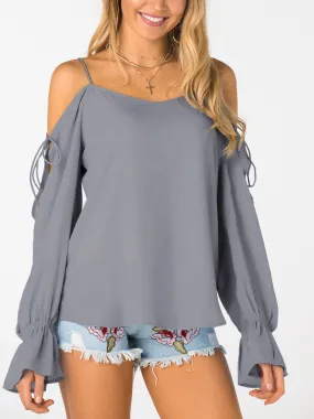 OEM ODM V-Neck Plain Lace-Up Long Sleeve Grey Blouses