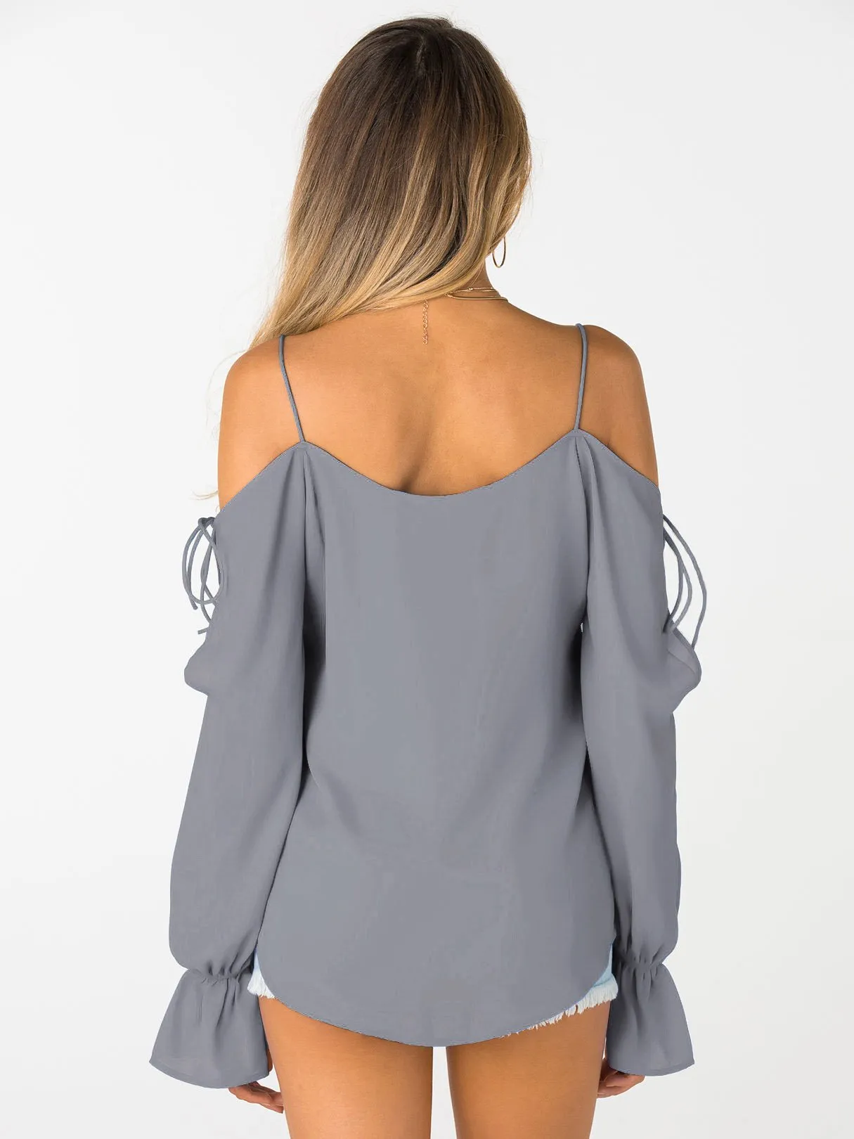 OEM ODM V-Neck Plain Lace-Up Long Sleeve Grey Blouses