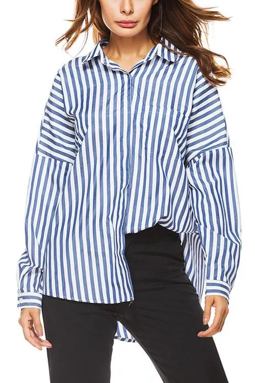 OEM ODM V-Neck Stripe Long Sleeve Curved Hem Blue Blouses