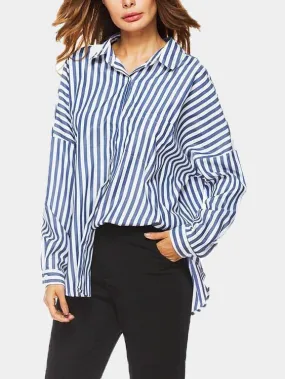 OEM ODM V-Neck Stripe Long Sleeve Curved Hem Blue Blouses