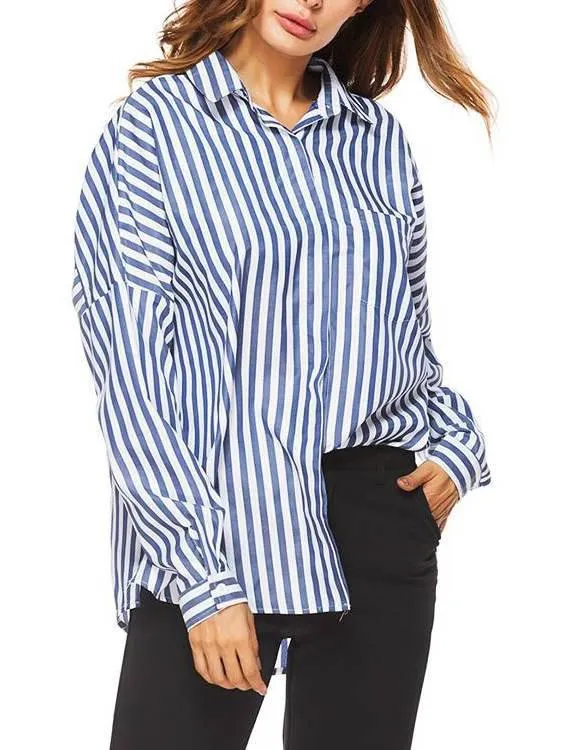 OEM ODM V-Neck Stripe Long Sleeve Curved Hem Blue Blouses