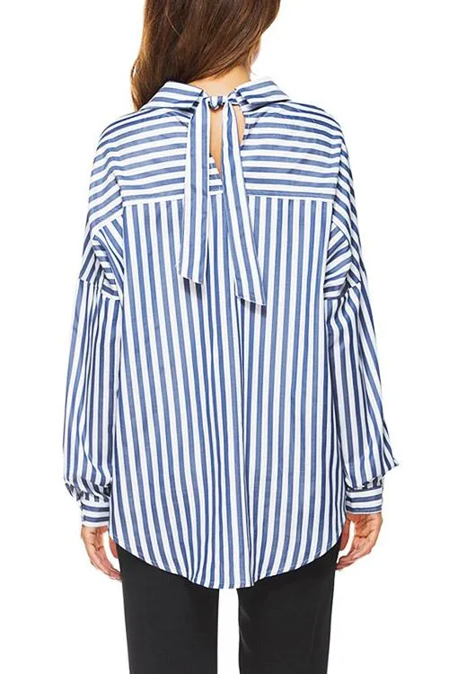 OEM ODM V-Neck Stripe Long Sleeve Curved Hem Blue Blouses