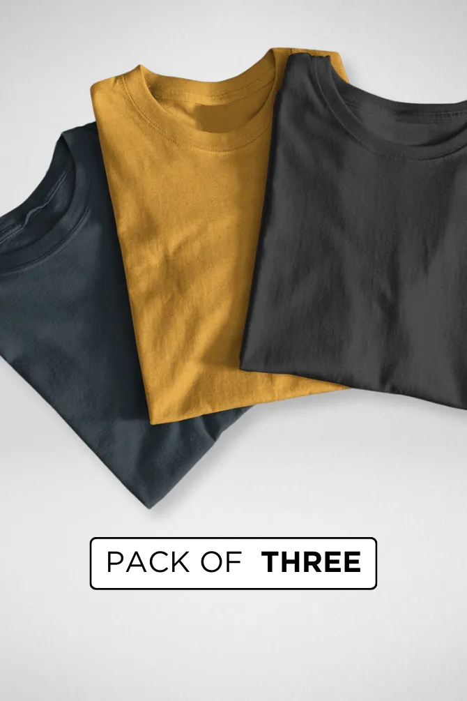 Pack Of 3 Plain T-shirts Black Petrol Blue and Mustard Yellow for Men