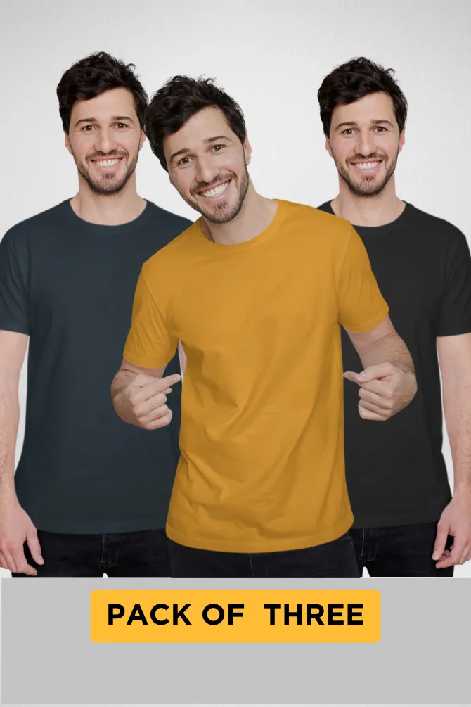 Pack Of 3 Plain T-shirts Black Petrol Blue and Mustard Yellow for Men