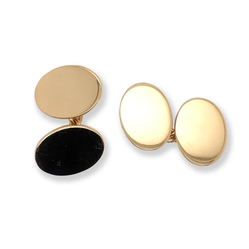 Pair of 18ct Gold Oxford Oval Plain Cufflinks with Chain Connectors