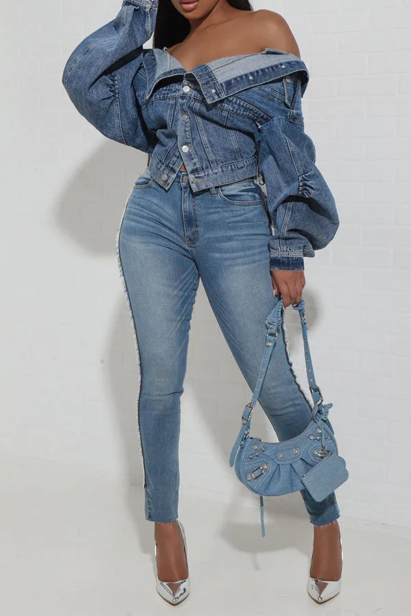 Patchwork Off Shoulder Versatile Denim Jacket