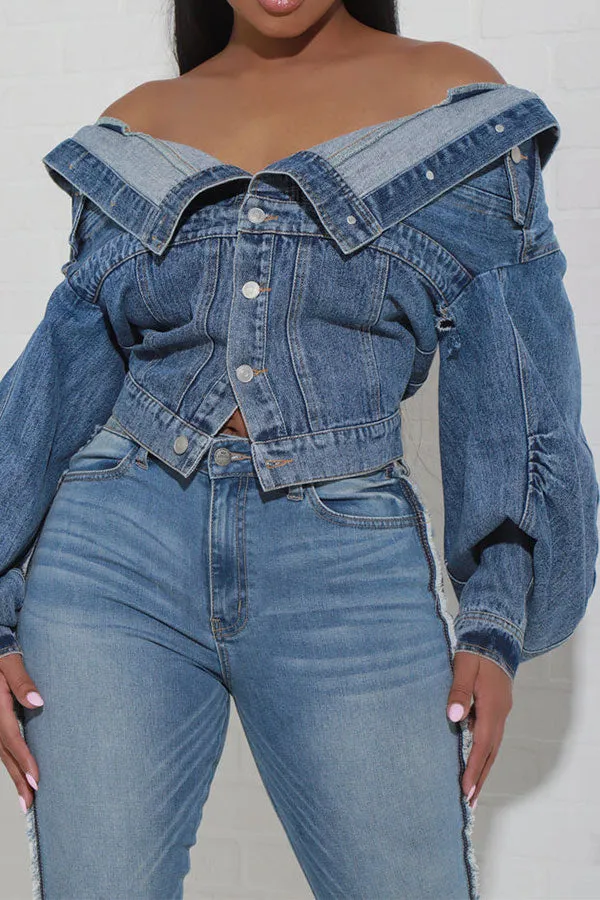 Patchwork Off Shoulder Versatile Denim Jacket