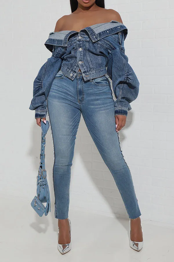 Patchwork Off Shoulder Versatile Denim Jacket