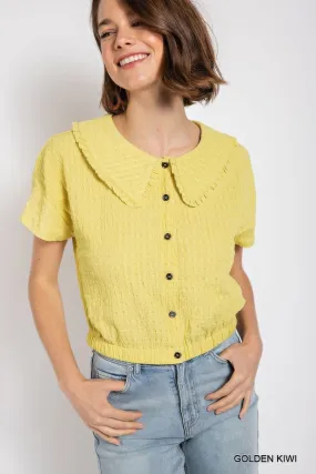 Peter pan collar textured knit button down top