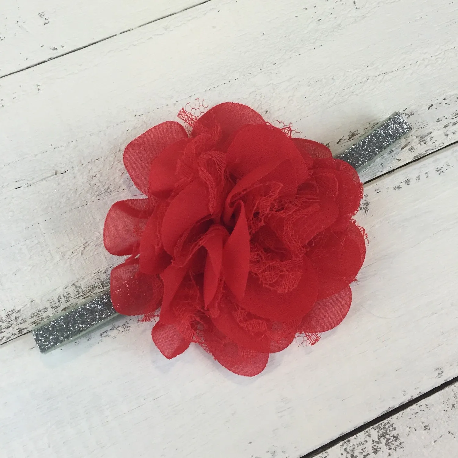 Red chiffon/lace layered flower and Silver/Gold glitter band