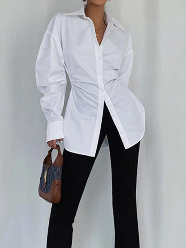 Simple Waist Lapel Ruffeld White Shirt