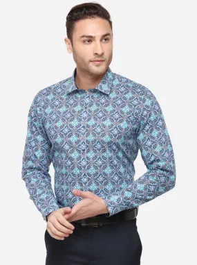 Sky Blue & Grey Printed Slim Fit Party Wear Shirt | Wyre