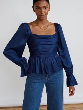 Sonya Navy Pleated Satin Top