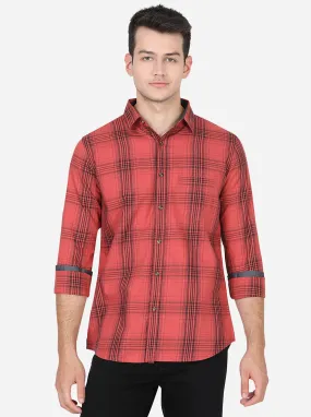 Spice Red Checked Slim Fit Semi Casual Shirt | JadeBlue