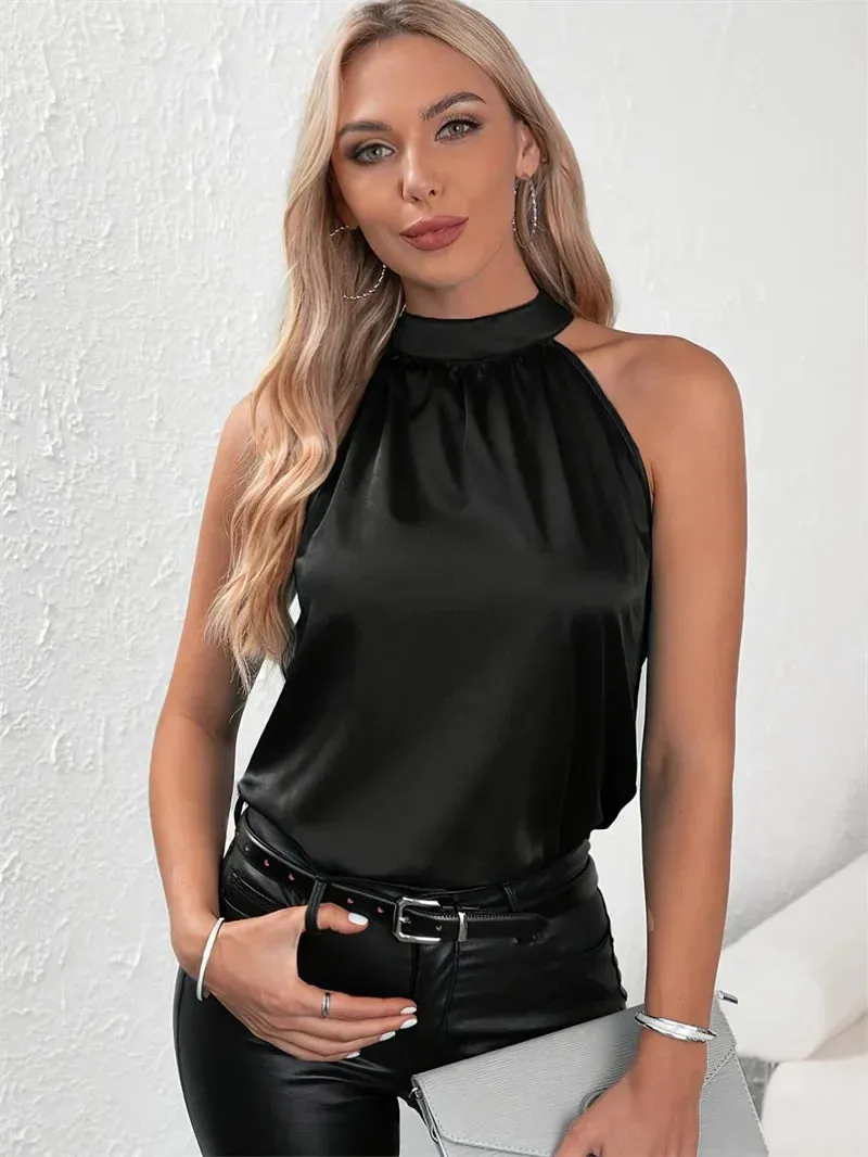 Summer Style Sleeveless Halter Collar Solid Color Women's Blouse