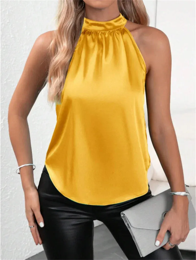 Summer Style Sleeveless Halter Collar Solid Color Women's Blouse