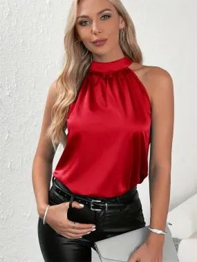 Summer Style Sleeveless Halter Collar Solid Color Women's Blouse