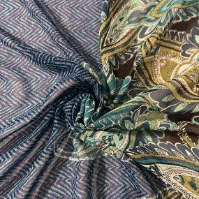 Turquoise and Black Herringbone Paisley Print Chiffon Fabric