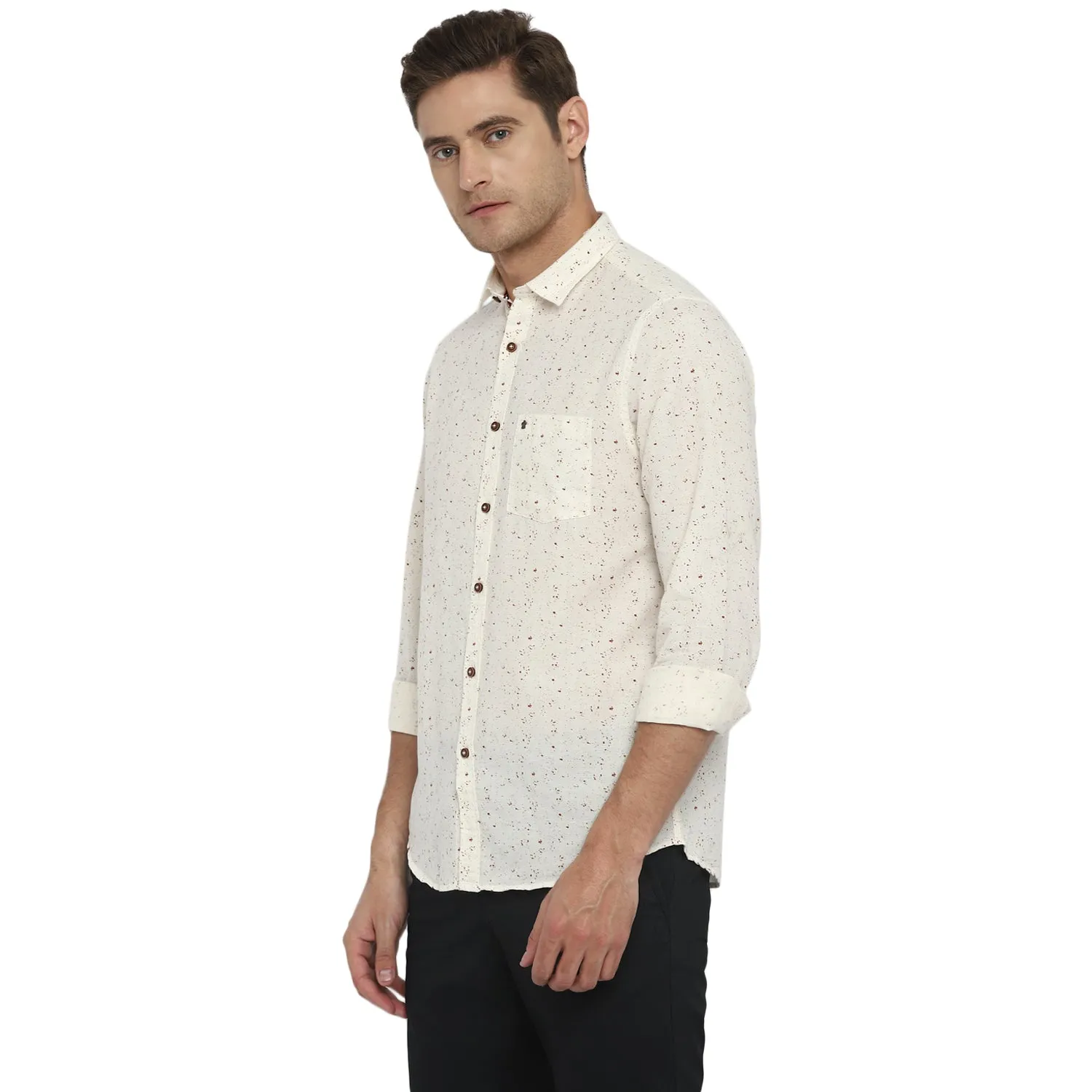 Turtle Men Cream Linen Printed Slim Fit Shirts