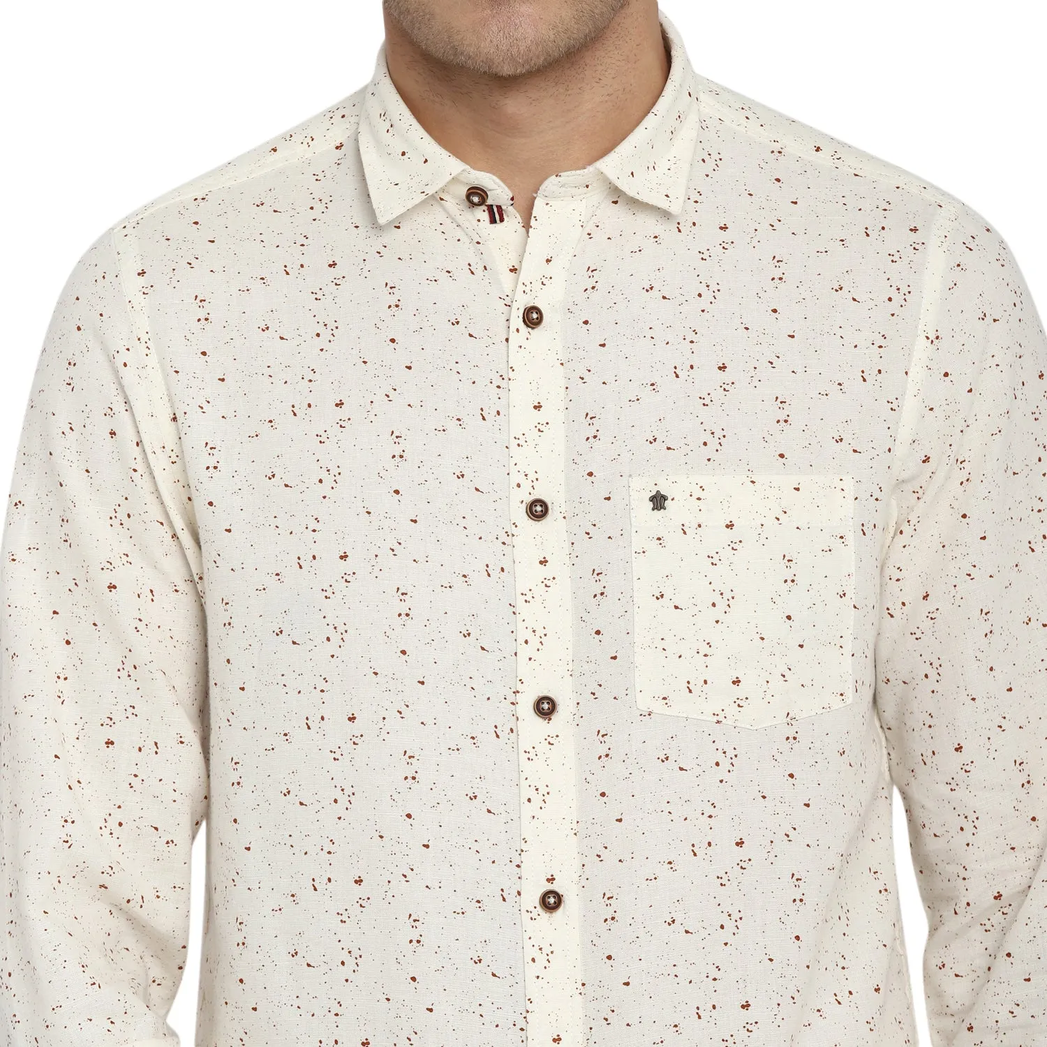 Turtle Men Cream Linen Printed Slim Fit Shirts