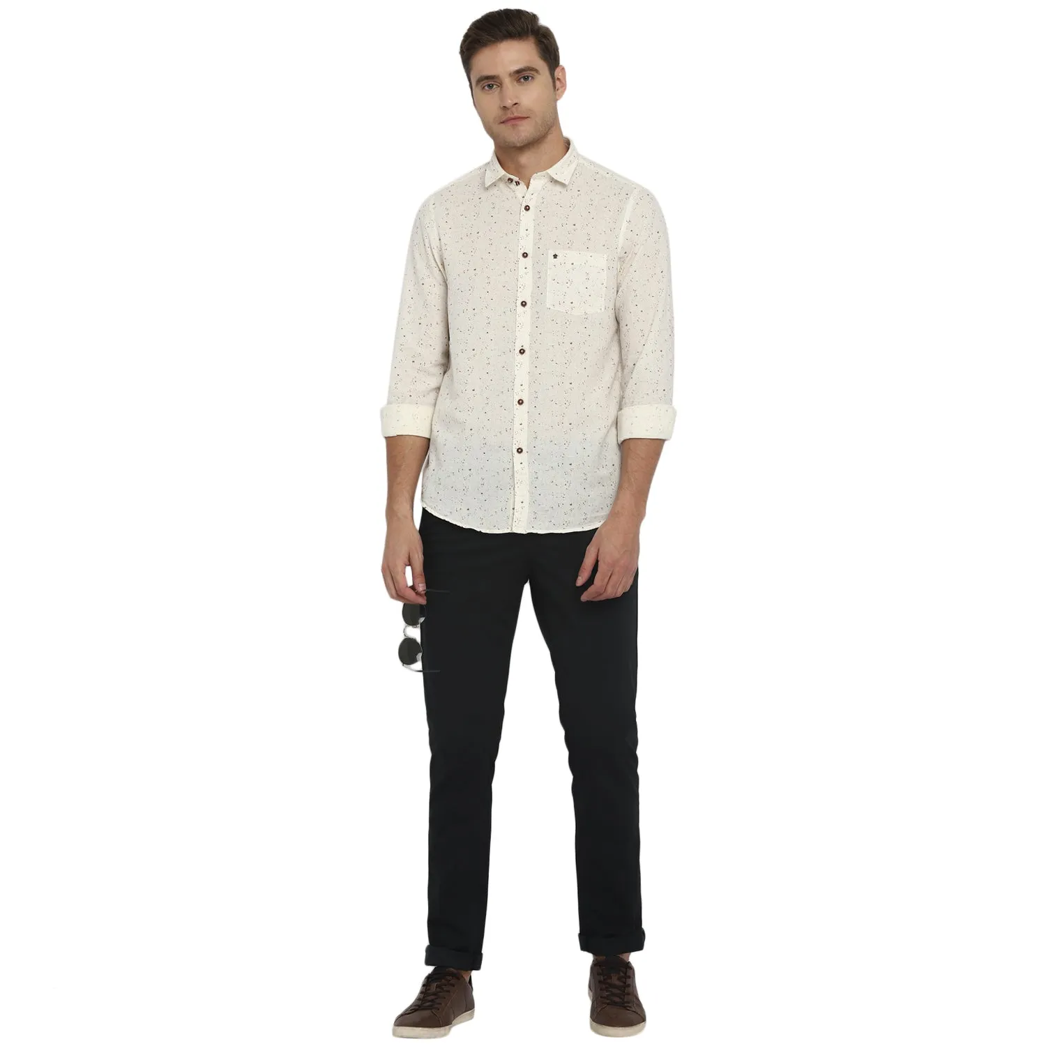 Turtle Men Cream Linen Printed Slim Fit Shirts