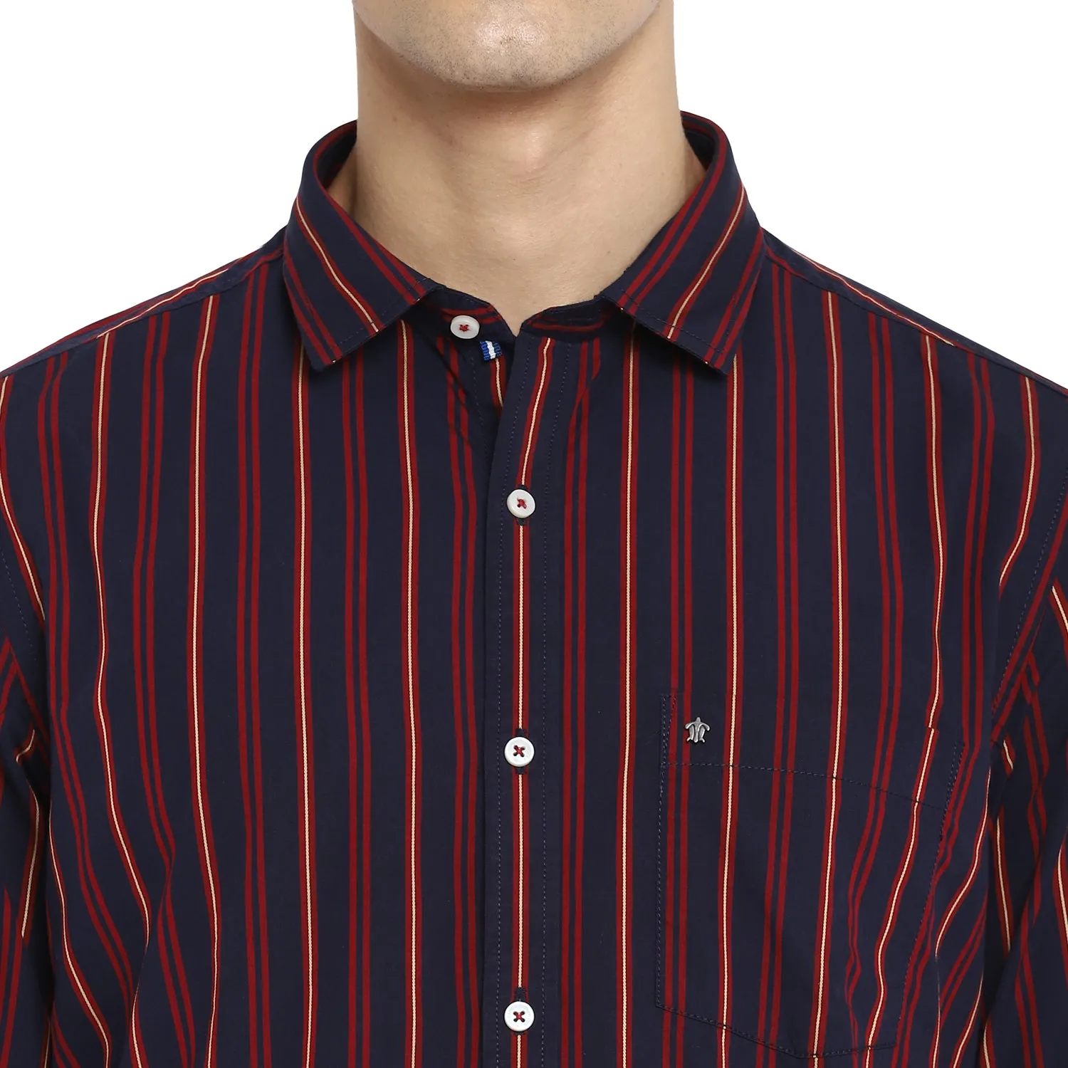 Turtle Men Navy Cotton Striped Slim Fit Shirts