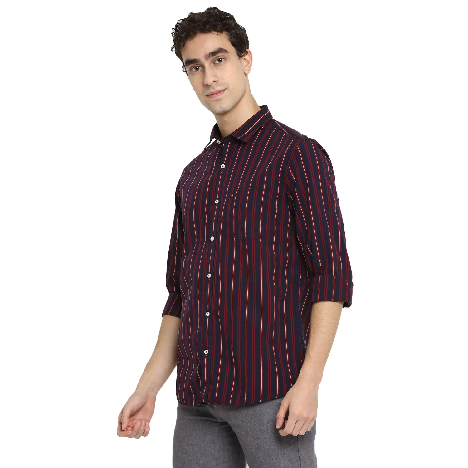 Turtle Men Navy Cotton Striped Slim Fit Shirts