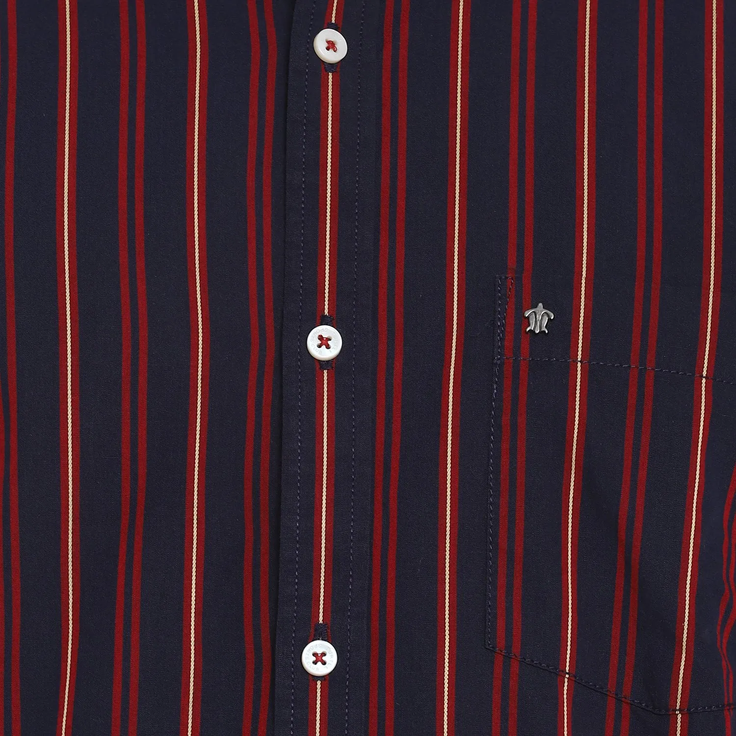 Turtle Men Navy Cotton Striped Slim Fit Shirts