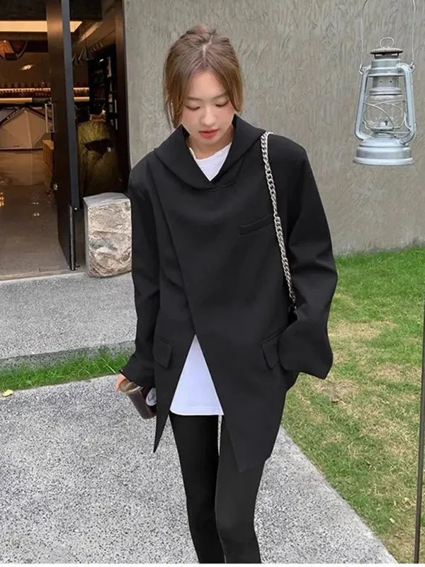 Wenkouban-Winter outfits Christmas Casual Button Sleeve Irregular Slit Hooded Blazer