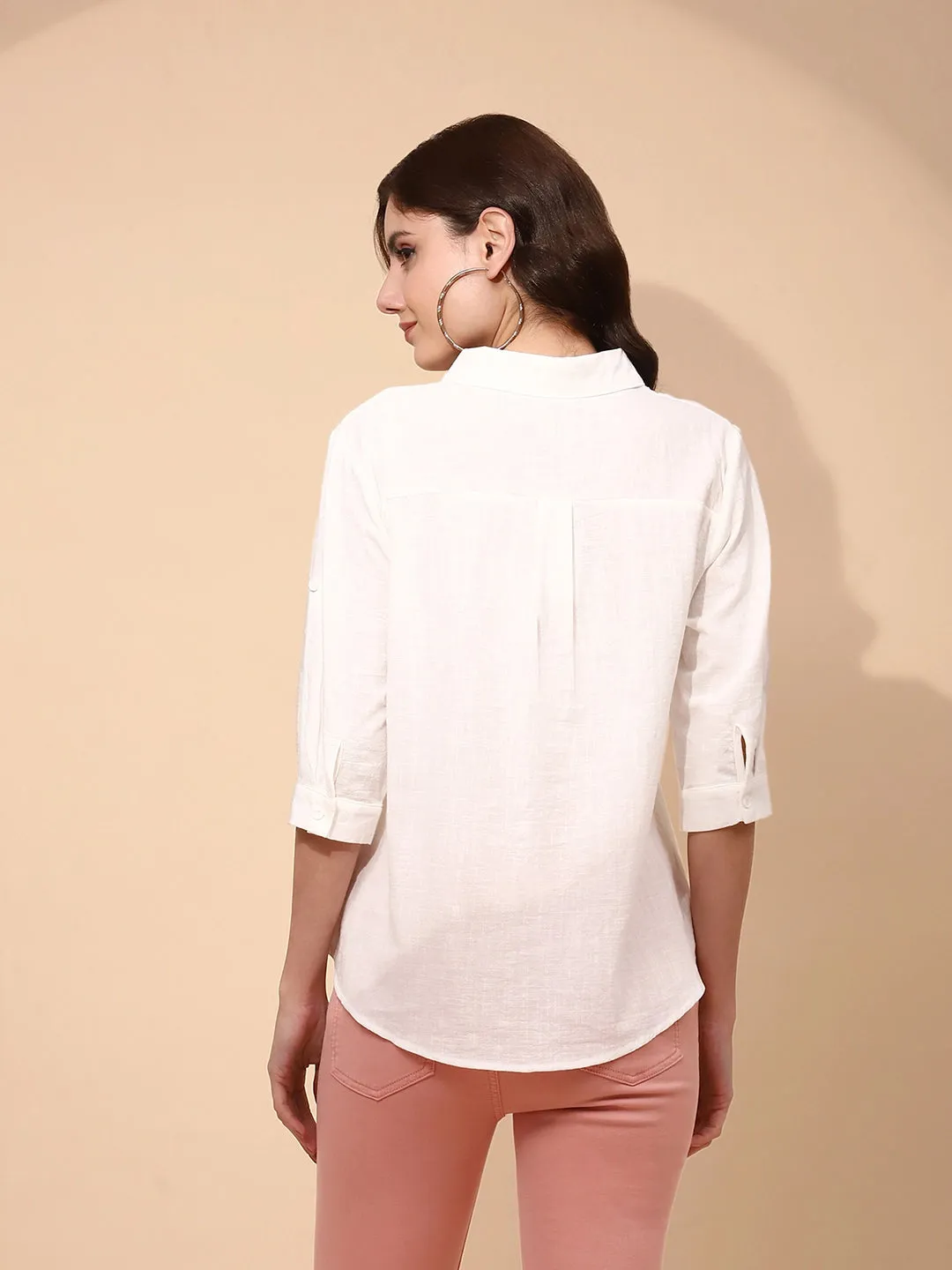 White Cotton Blend Regular Fit Shirt For Women