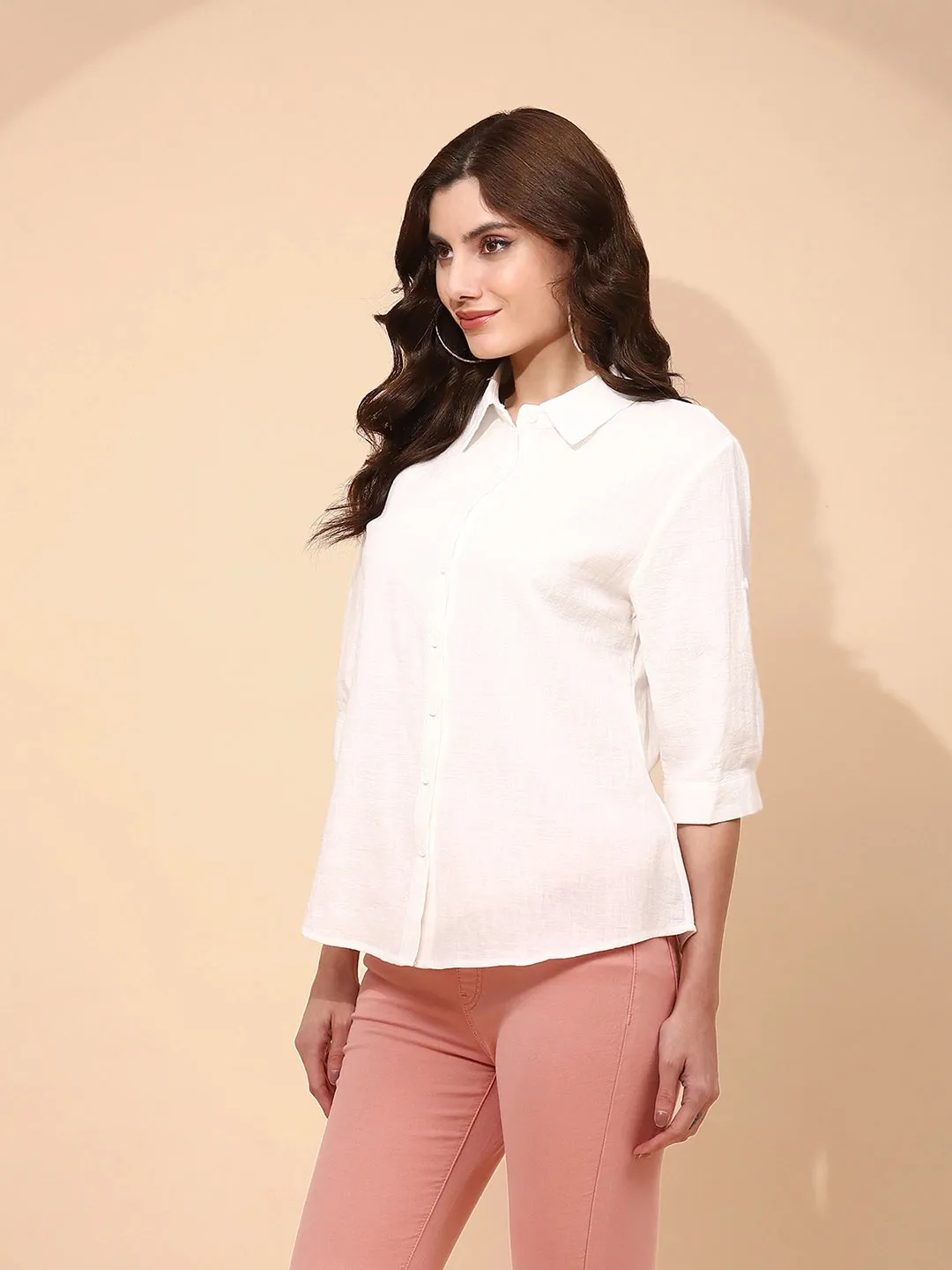 White Cotton Blend Regular Fit Shirt For Women