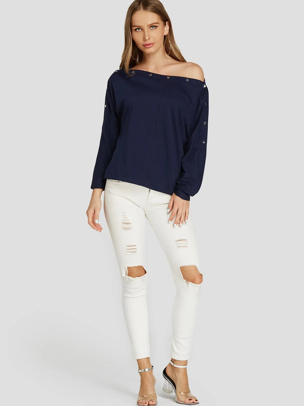 Wholesale One Shoulder Long Sleeve Navy Blouses